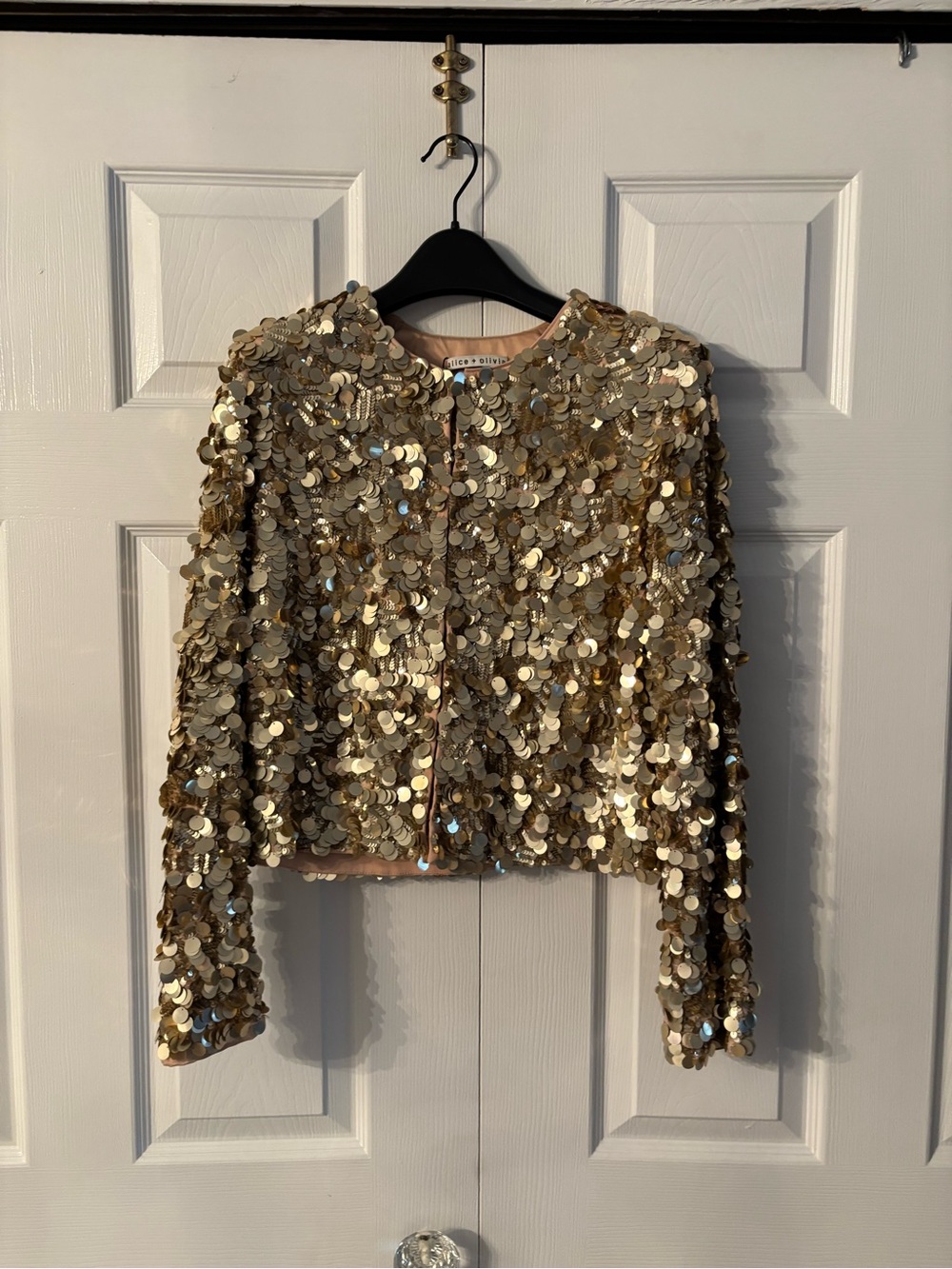 Alice + Olivia Blush Pink Sequin-Embellished Top with Gold Discs